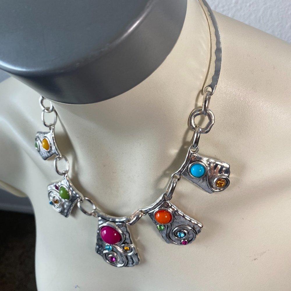 Women Necklace Flat silver tone square shape hammered chokers with beads 19" inc - Picture 4 of 5